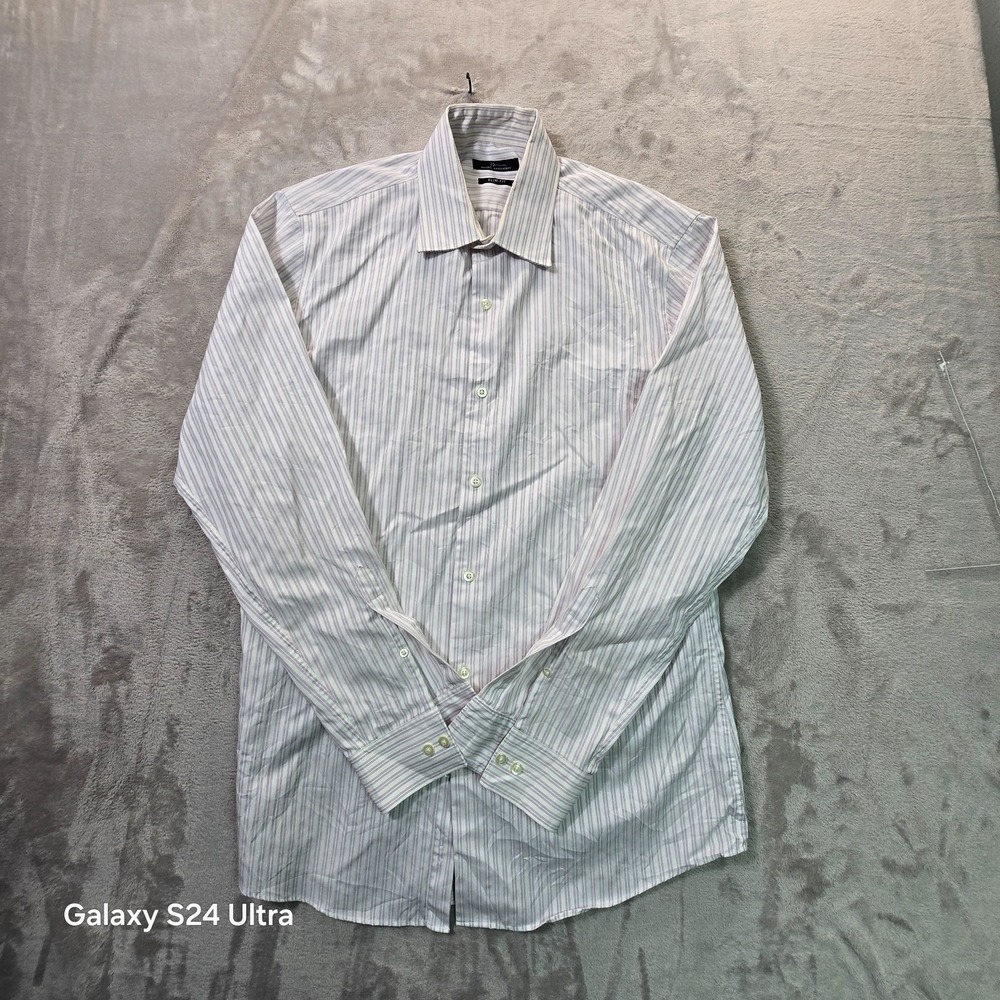 Marc Anthony Dress Shirt Mens 16 34-35 White Purple Striped Slim Fit Office Wear